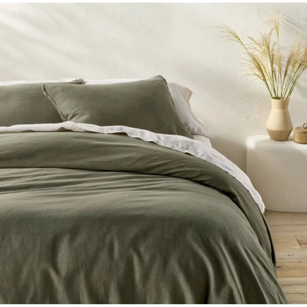 King Heavyweight Linen Blend Duvet Cover and Sham Set Olive Green - CASALUNA